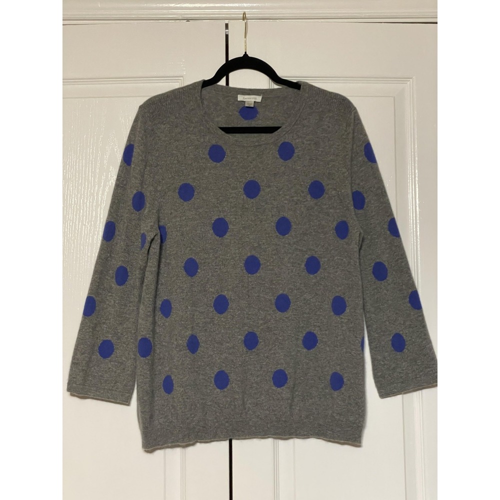 Garnet Hill 100% Cashmere Sweater Womens XL Gray Blue Polka Dot 3/4 Sleeve Knit
